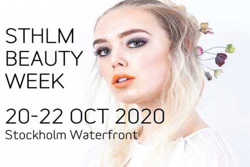 Sminkad kvinna med text om Stockholm Beauty week på